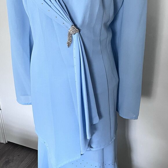 VTG Light Blue Chiffon 3PC Suit Skirt Tank Jacket Scarf Crystal Embellished 14 - Picture 3 of 3